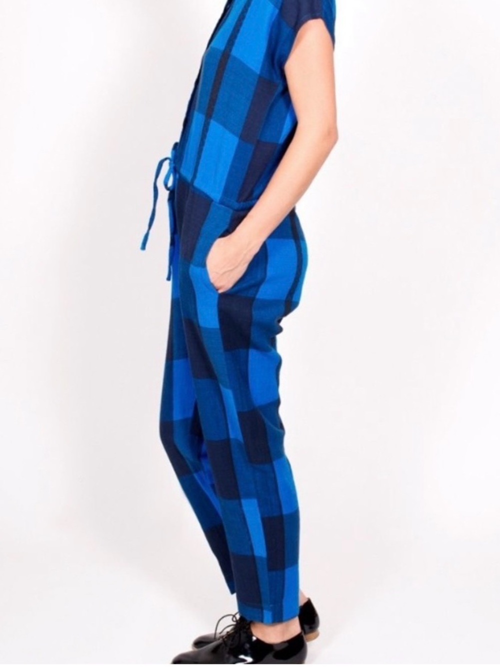 rare ace & jig blue + black buffalo plaid check romper jumper jumpsuit S